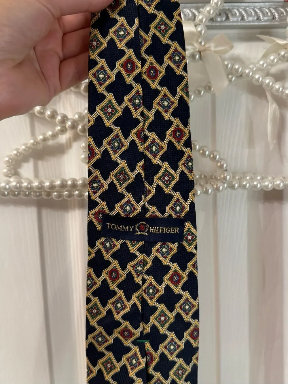 Vintage Signature Tommy Hilfiger Black Tie with Gold and Red Geometric Motif